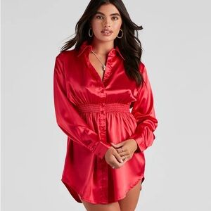 Windsor Red Satin Button-Up Dress